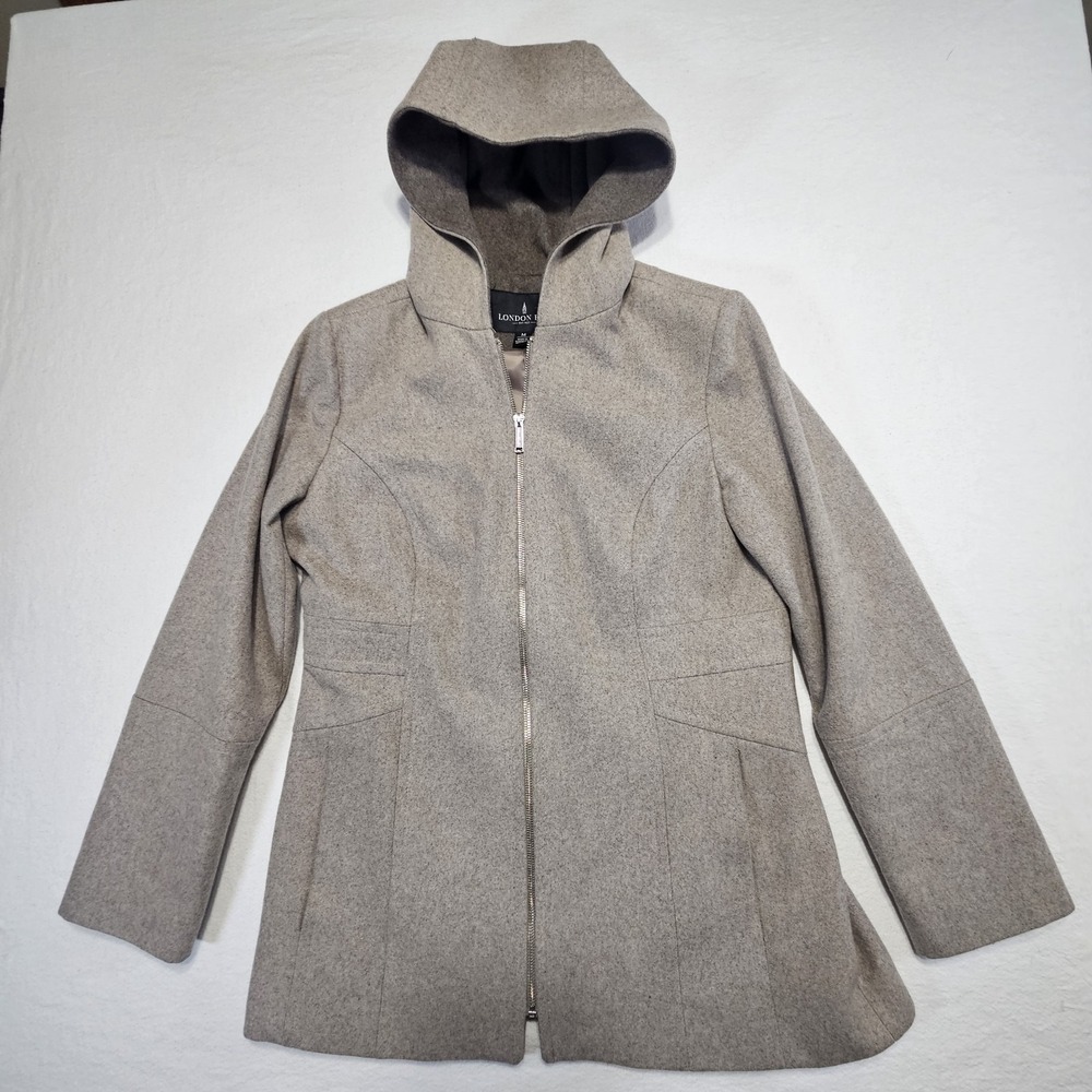 London Fog Wool Blend Winter Coat Jacket Hooded Pocket Full Zip Light Gray Med